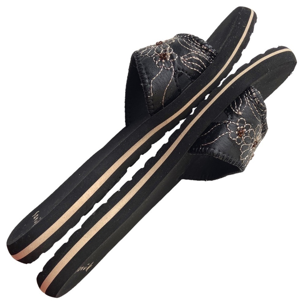 Sanuk Black Cream Brown Flip Flop Slides Floral Embroidery Beaded Size 7 - Picture 6 of 16